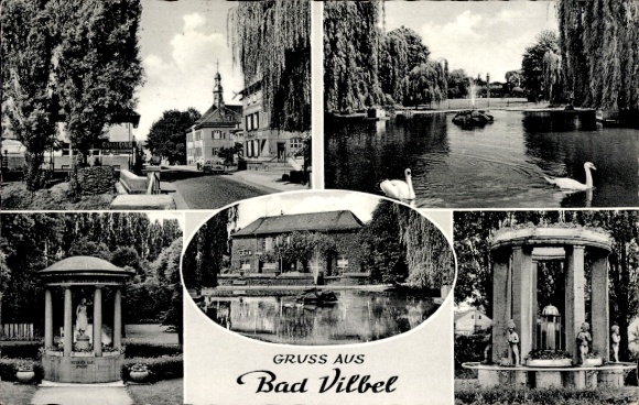 Ak Bad Vilbel in Hessen, park, paviljoen, vijver, fontein, zwanen
