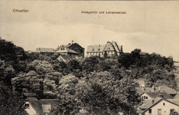 Postcard Ottweiler in Saarland, view from above, district court, teacher training college, green surroundings