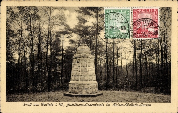 Ak Datteln im Ruhrgebiet Westfalen, Kaiser Wilhelm Garten, Jubiläums-Gedenkstein