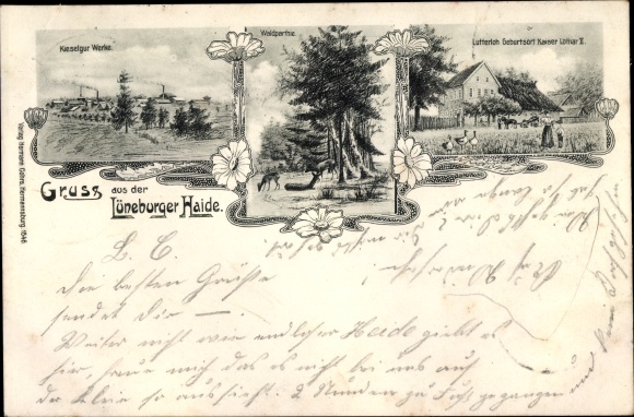 litho Lutterloh Südheide Lüneburger Heide, geboorteplaats van keizer Lothar II, kieselguhrwerken, bosgebied