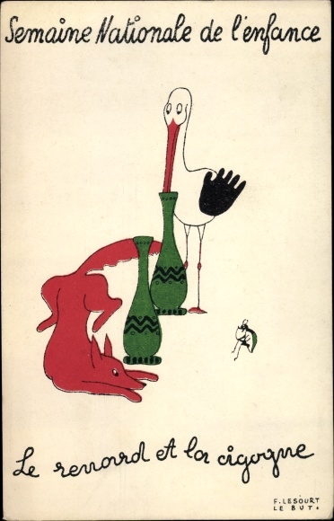 Postcard Semaine Nationale de l&#39;enfance, stork, fox and insect