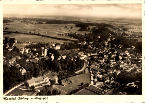 Postcard Bad Aibling in Upper Bavaria, aerial view of rural surroundings, houses, church