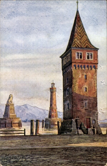 Artist Postcard Marschall, V., Lindau in Lake Constance Swabia, harbor entrance, Mangenturm