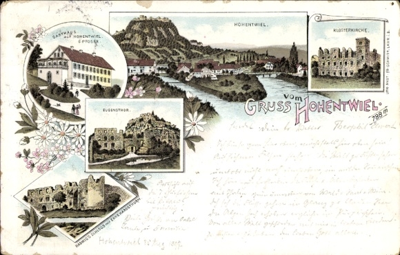 Litho Singen Hohentwiel Baden Württemberg, Gasthaus Hohentwiel, Ruine, Eugensthor, Klosterkirche