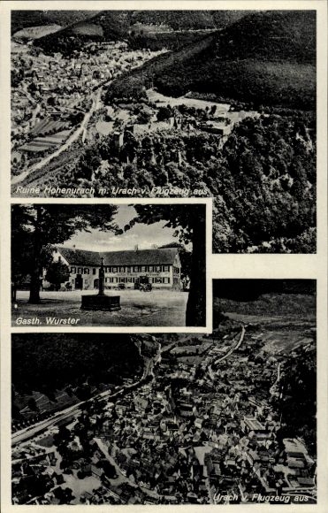 Postcard Bad Urach in the Swabian Alb Württemberg, ruins of Hohenurach, aerial photograph, guesthouse