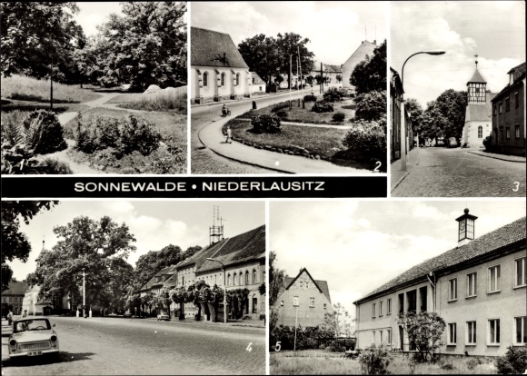Postcard Sonnewalde in Lower Lusatia, Castle Park, Polytechnic High School, Market Square