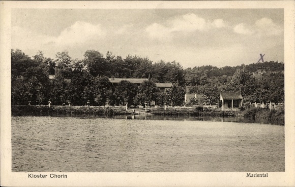 Postcard Chorin in der Mark, Mariental Monastery, water view, trees, buildings