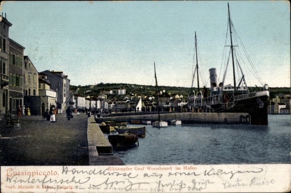PC Mali Lošinj Lussinpiccolo Croatia, steamer Graf Wurmbrand in the harbor, Austrian Lloyd