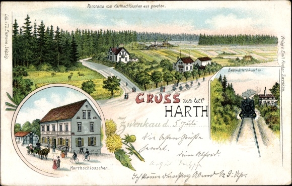 Chromo-Litho Zwenkau in Saxony, greetings from the Harth, Harthschlösschen, railway keeper's house, steam locomotive