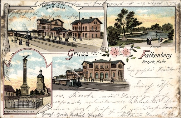 Chromo-Litho Falkenberg an der Elster, train station, train station restaurant M. Bress, war memorial, church