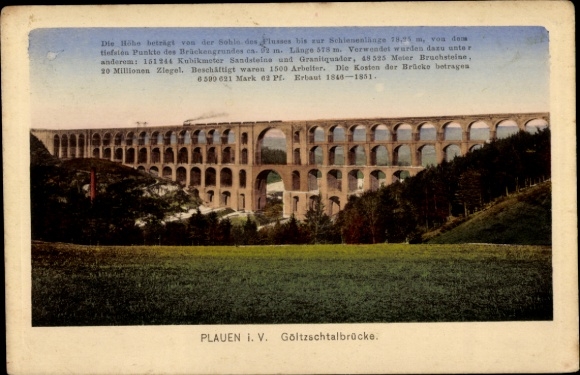 Postcard Plauen in Vogtland, Göltzschtal Bridge, height 78.95 m, length 578 m, 1500 workers, built 1848-1