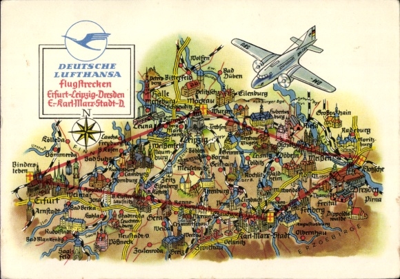 Postcard Deutsche Lufthansa, flight routes Erfurt Leipzig Dresden Karl Marx Stadt
