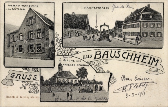 Postcard Bauschheim Rüsselsheim am Main, Gütlich grocery store, main street, church, war memorial