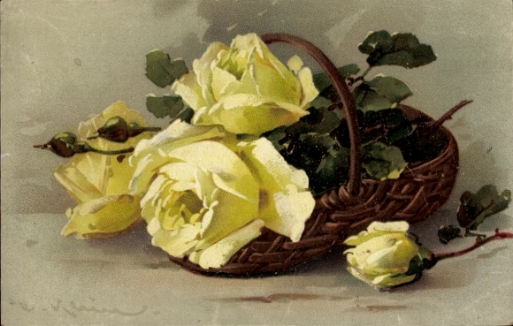 Artist Chromo-Litho Klein, Catharina, Yellow Roses, Korb, Meissner & Buch 1934
