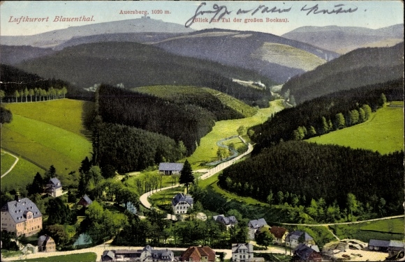 Postcard Blauenthal Eibenstock in the Ore Mountains, panorama, Auersberg, valley of the big Bockau