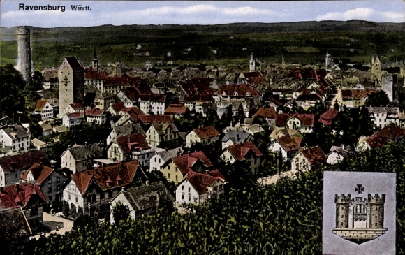 Ak Ravensburg in Württemberg Oberschwaben, Gesamtansicht, Wappen