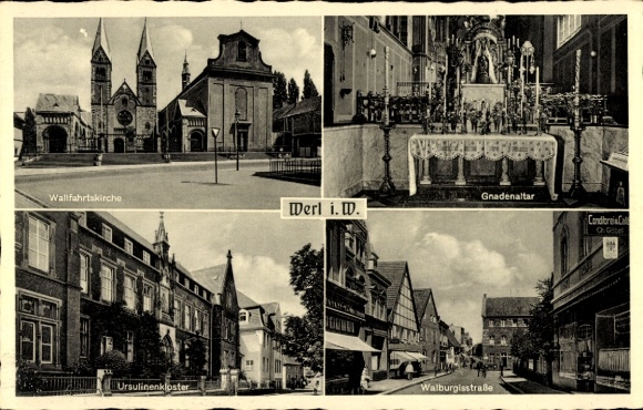 Ak Werl in Westfalen, bedevaartskerk, genadealtaar, Ursulinenklooster, straat
