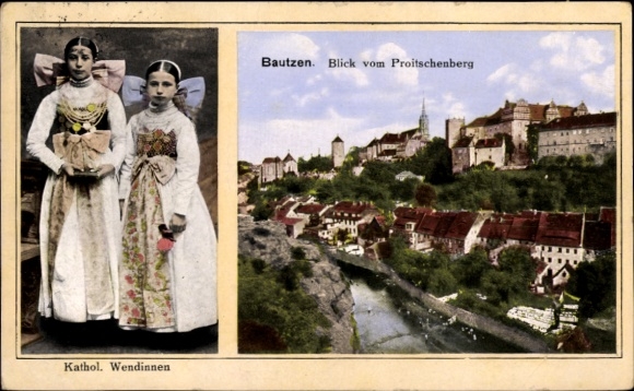 Ak Bautzen in der Lausitz, Blick vom Proitschenberg, Schloss, Katholische Wendinnen in Tracht