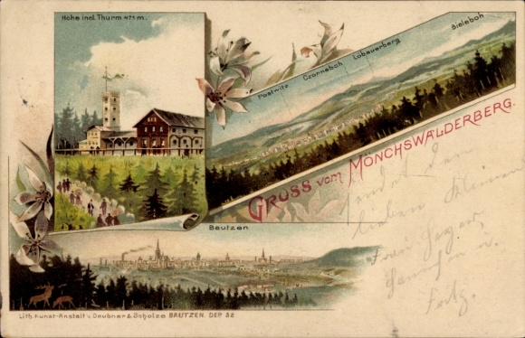 Litho Wilthen in Sachsen, Mönchswalder Berg, Panorama, Aussichtsturm, Stadtansicht Bautzen