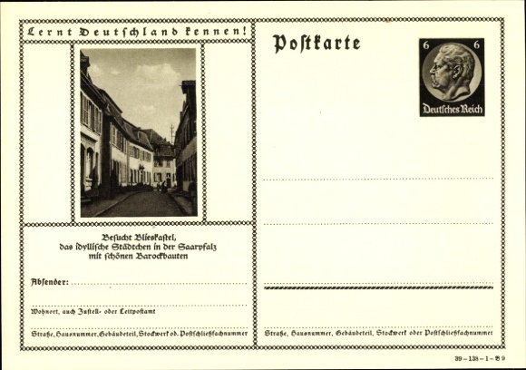 Postal stationery PC Blieskastel in Saarland, street area, old buildings