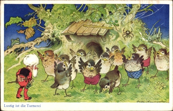 Künstler Ak Baumgarten, Fritz, Lustig ist die Turnerei, Zwerg, Vögel, Spinne, Frosch