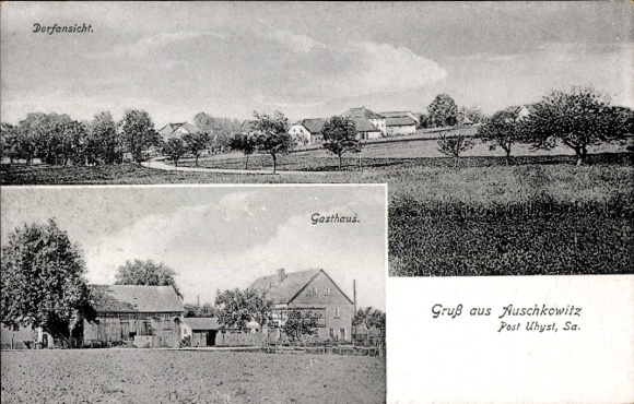 Postcard Auschkowitz Burkau in Saxony, village view, guesthouse, greetings from Auschkowitz