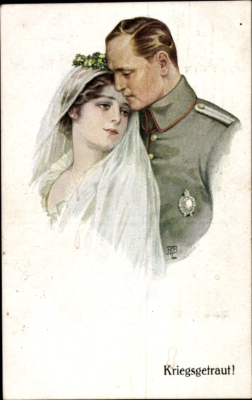 Künstler Ak Kriegsgetraut, Soldat mit Frau, Hochzeitspaar