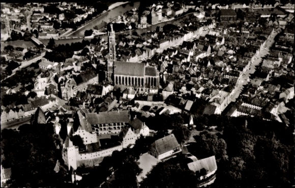 Postcard Landshut in Lower Bavaria, aerial view of city center, churches, buildings