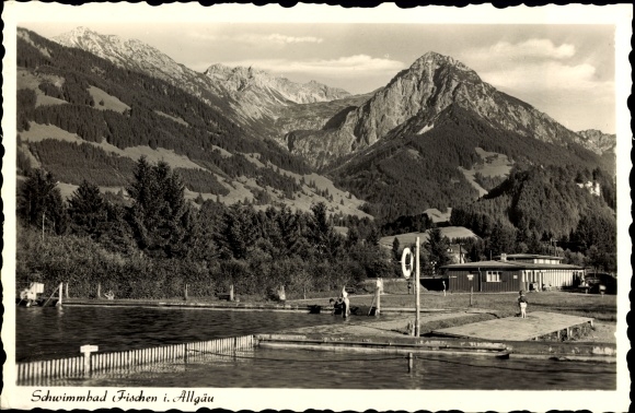 Ak Fischen im Allgäu in Schwaben, Schwimmbad, Alpen