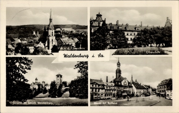 Postcard Waldenburg in Saxony, sanatorium, castle, market, town hall, high school