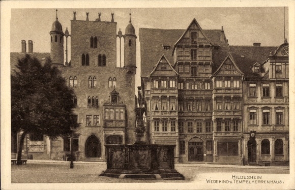 Postcard Hildesheim in Lower Saxony, Wedekind-u Tempelherrenhaus, fountain, building