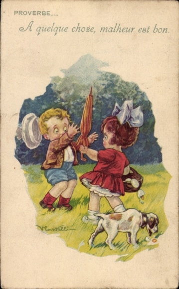 Kunstenaar Ak Vechtende Kinderen, Parasol, Gebroken Eieren