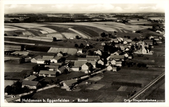 Postcard Huldsessen in the Rottal Unterdietfurt Lower Bavaria, aerial view of Huldsessen, fields and church