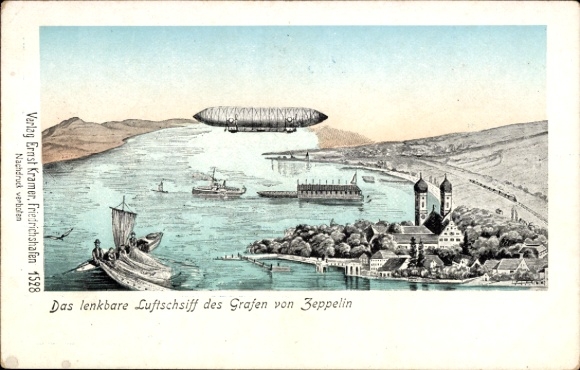 Kunstenaar Ak Friedrichshafen op het Bodenmeer, Zeppelin luchtschip LZ 1