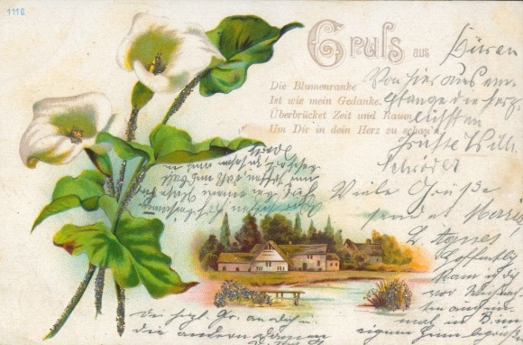 Kwiaty z brokatem, litografia, dom, jezioro