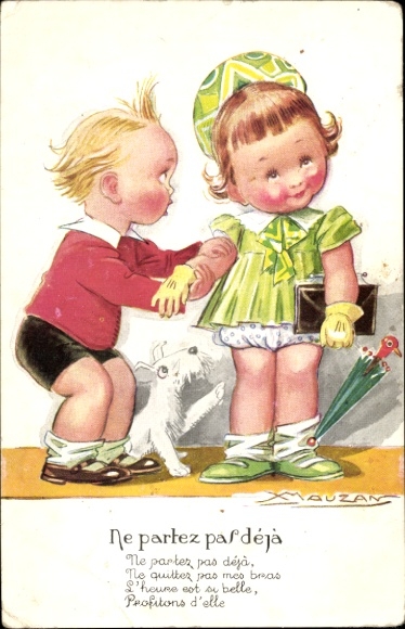 Artist Postcard Mauzan, Ne partez pas deja, Children as adults, Lovers, Dog