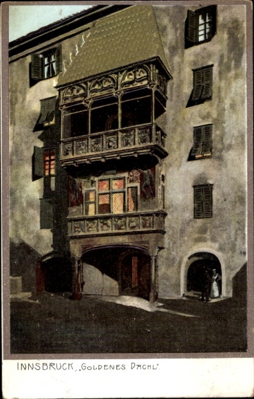 Bedachte kunstenaarsbriefkaart Innsbruck in Tirol, Goldenes Dachl