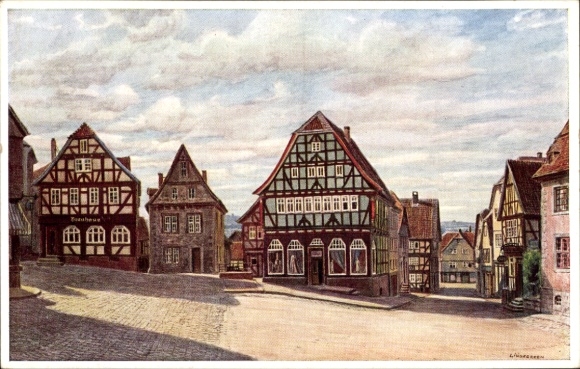 Artist Postcard Lauterbach an der Lauter Vogelsbergkreis, square, half-timbered houses
