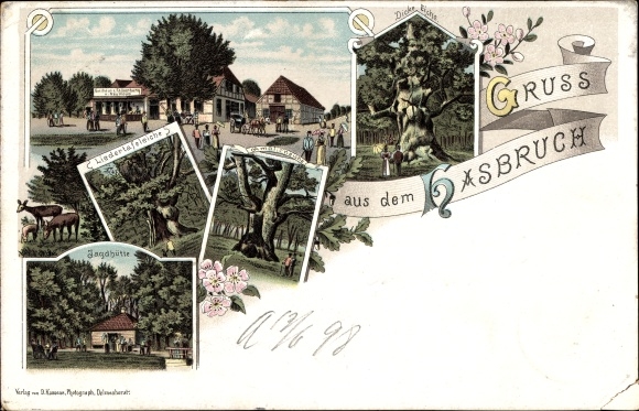 Chromo-Litho Hude in Lower Saxony, Hasbruch, Inn zum Falkenburg von Neumeyer, trees, thick oak