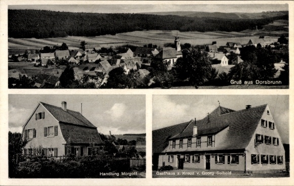 KP Dorsbrunn Pleinfeld w Środkowej Frankonii, widok ogólny, sklep Morgott, Gasthof zum Kreuz
