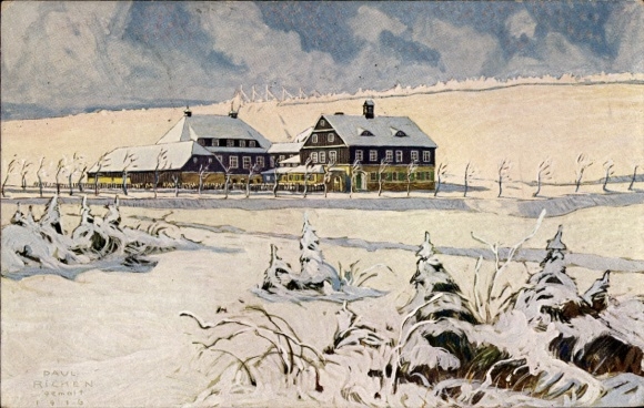 Künstler Ak Oberwiesenthal im Erzgebirge in Sachsen, Blick auf Neues Haus im Winter