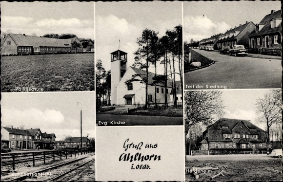 Ak Ahlhorn Großenkneten in Oldenburg, Volksschule, Ev. Kirche, Siedlung, Bahnhof, Heideheim