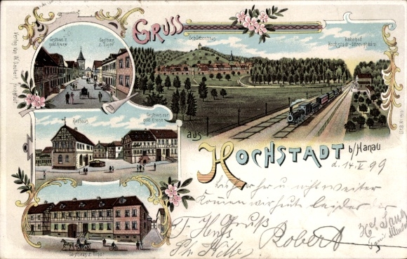 Chromo-Litho Hochstadt Maintal in Hesse, train station, Schützenhaus, town hall, Gasthaus zur gold. Crown