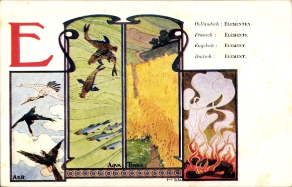Art Nouveau letter artist Postcard Titz, Louis, E, elements, allegory, air, water, earth, fire