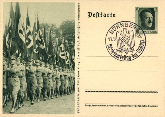 Postal stationery Postcard Nuremberg, Reich Party Rally of the NSDAP 1937, SA men with flags
