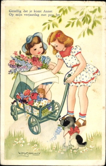 Artist PC Schermele, Willy, girl with doll&#39;s pram and flowers