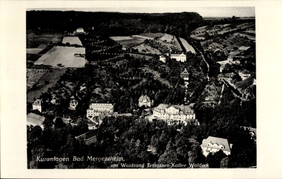 Postcard Bad Mergentheim in Tauberfranken, aerial photograph of spa facilities, terrace café Waldeck