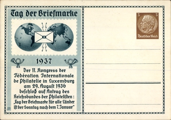 Postwaardestuk postzegeldag 1937, 11e Congres van de Fédération Int. de Filatelie in Luxemburg