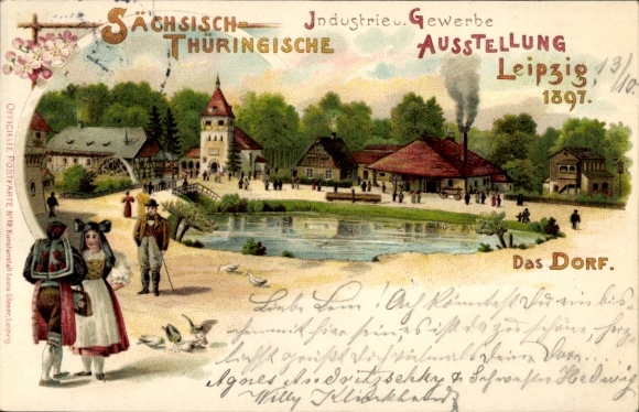 Litho Leipzig, Sächsisch Thüringische Industrie und Gewerbeausstellung 1897, Trachten, Dorf