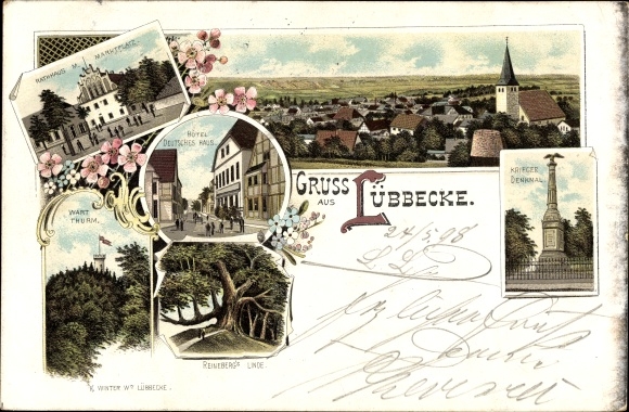 Chromo-Litho Lübbecke in Westphalia, war memorial, town hall, Hotel Deutsches Haus, watchtower, long shot